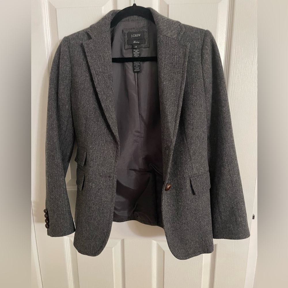 J. Crew 100% wool herringbone tweed gray blazer size 2